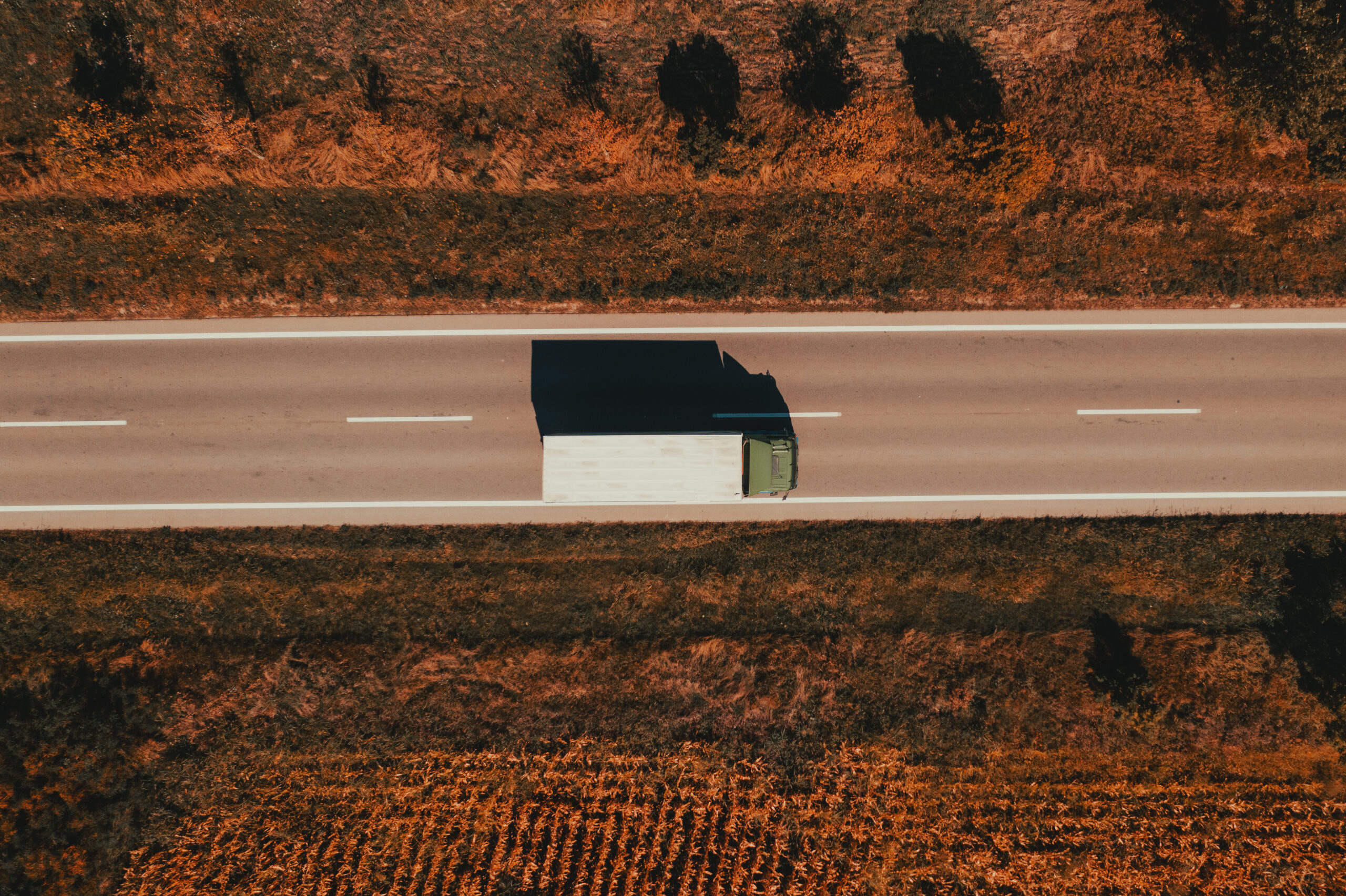 Semi-truck on the road from above, drone photography